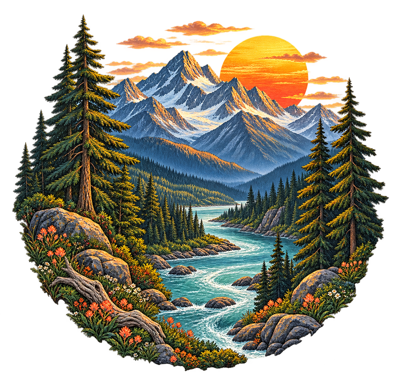 Transparent merchandise artwork with mountains and trees
