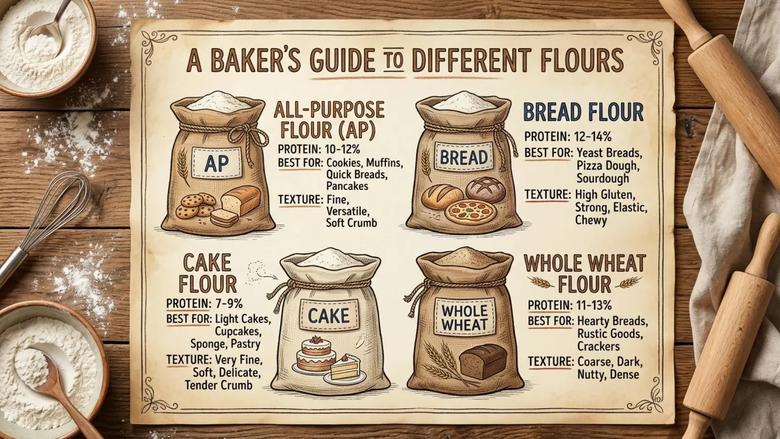 Official Nano Banana 2.1 infographic comparing baking flours with labeled sacks