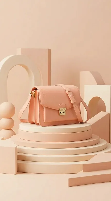 Nano Banana 2.1 edit placing the same peach shoulder bag on a tiered cream plinth with geometric shapes