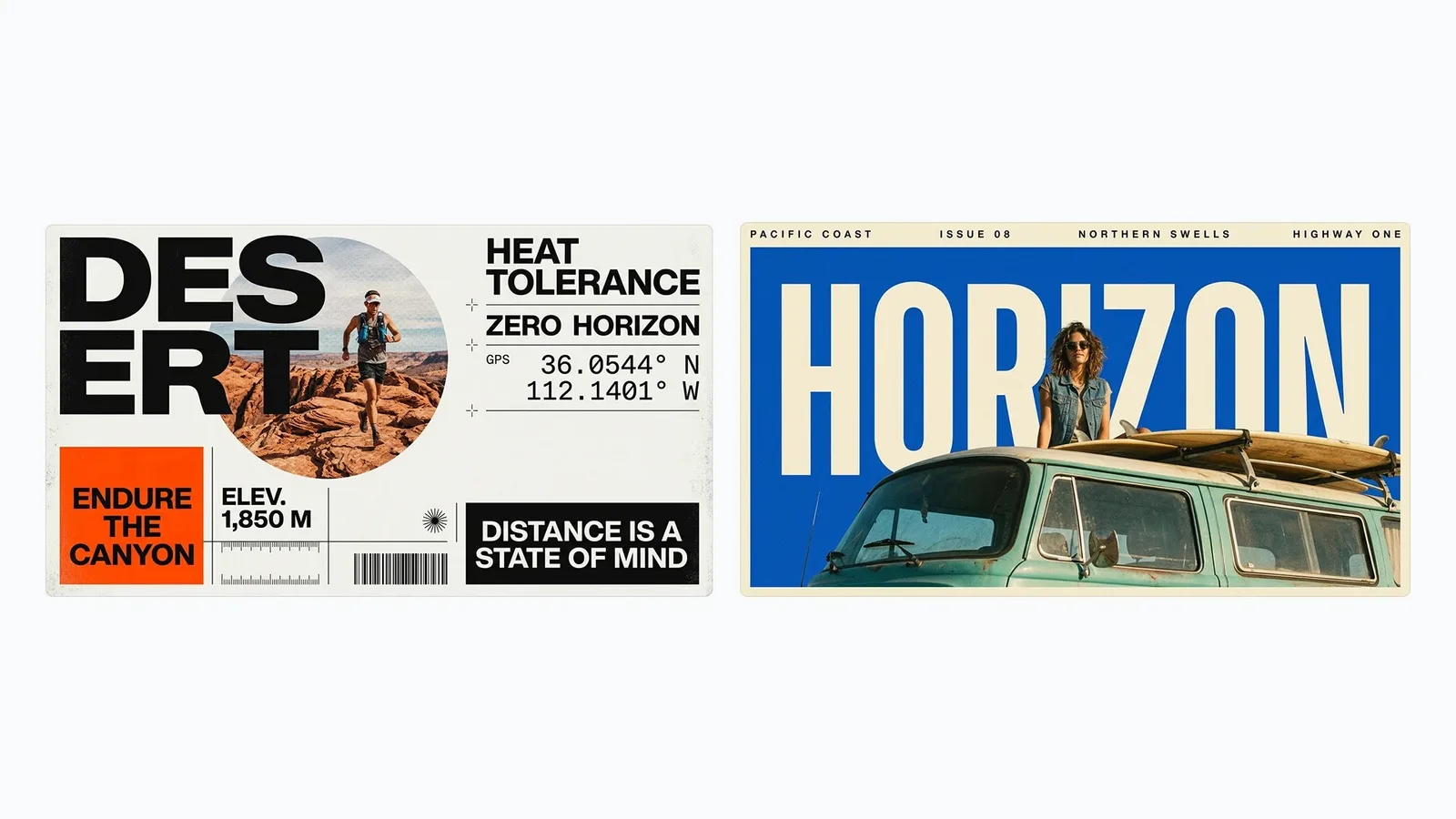 Official Nano Banana 2.1 example of two editorial travel posters with dense, aligned typography