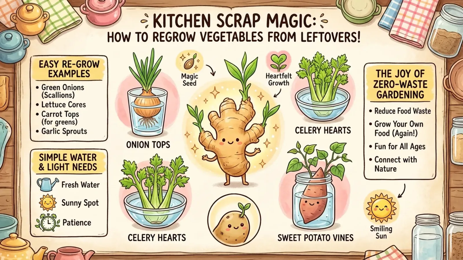 Official Nano Banana 2.1 illustrated infographic on regrowing vegetables from kitchen scraps