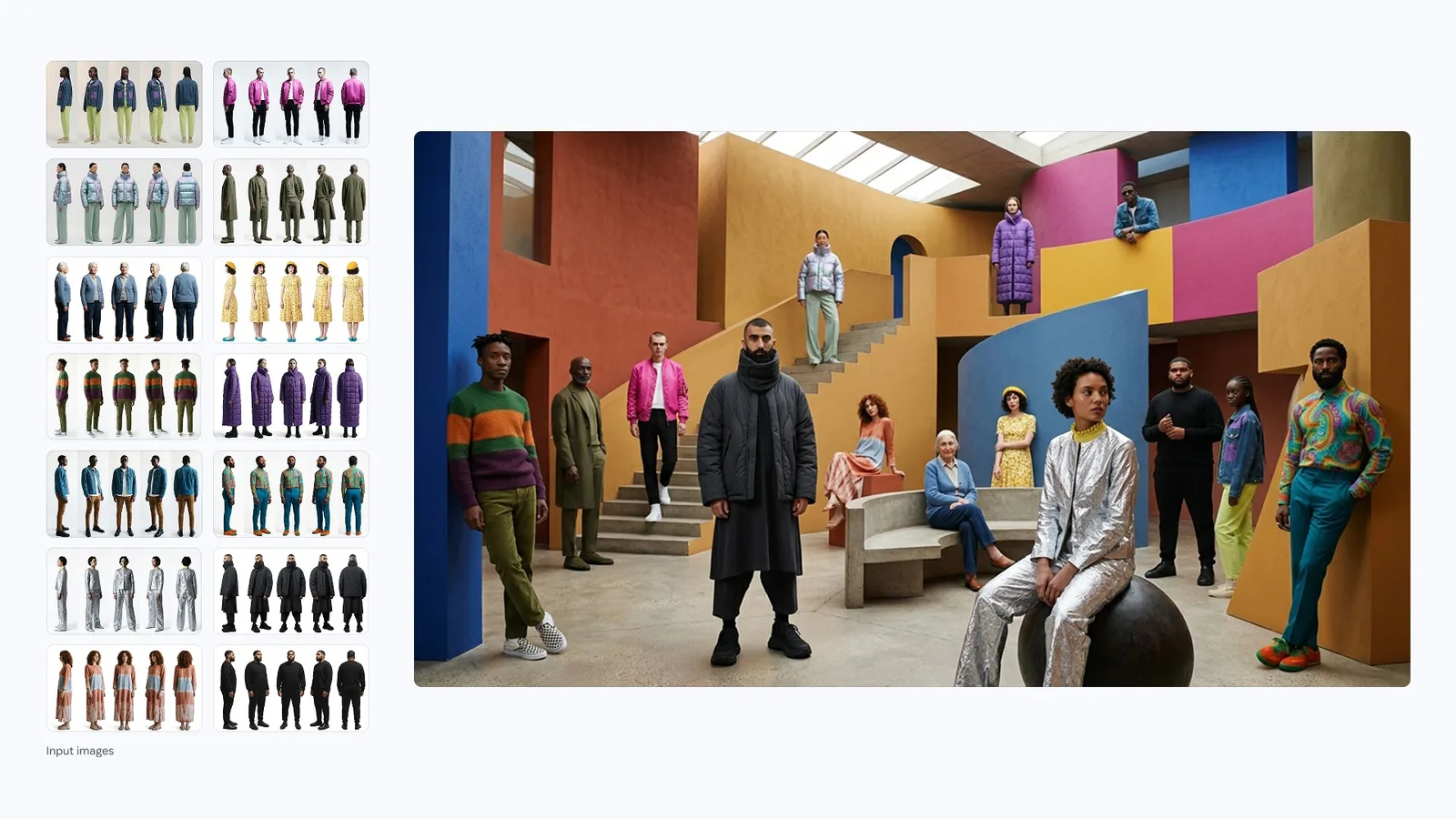 Official Nano Banana 2.1 example staging models from a grid of reference outfits in one geometric set