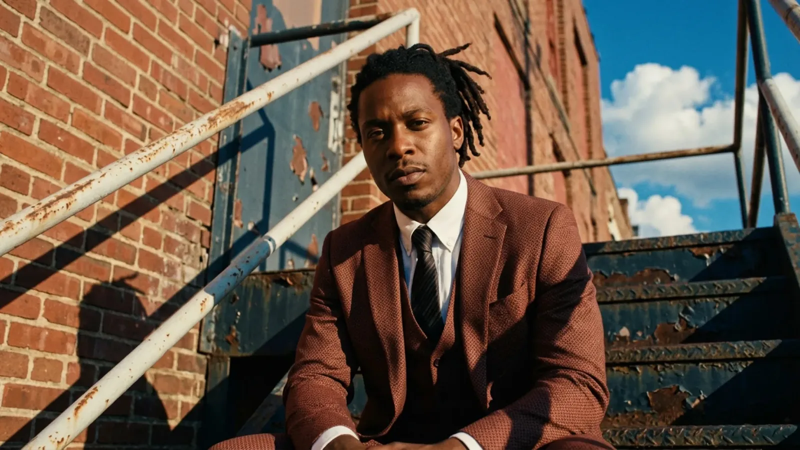 Official Nano Banana 2.1 photorealistic portrait of a man in a textured suit on industrial stairs